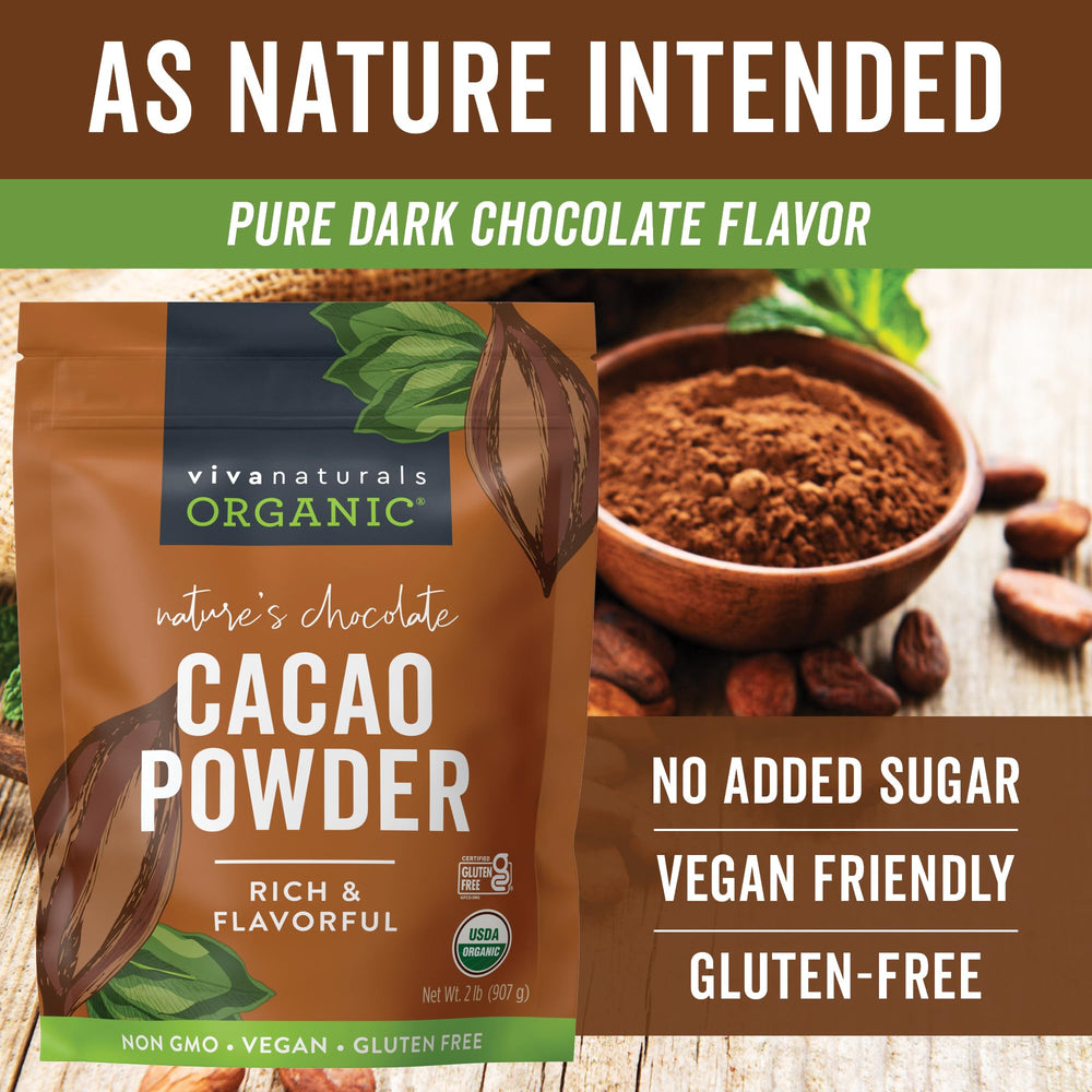 Viva Naturals cacao servido en taza de chocolate caliente, reconfortante