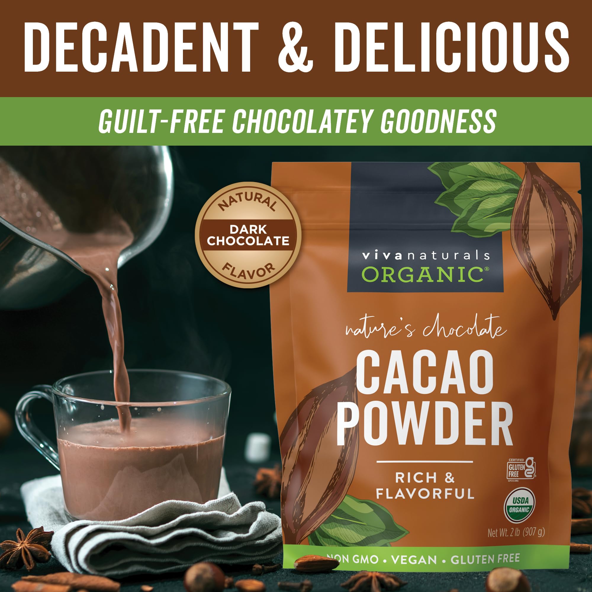 Viva Naturals polvo de cacao molido fino, textura sedosa para mezclar