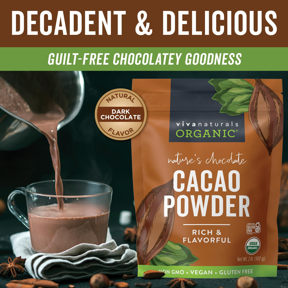 Viva Naturals polvo de cacao molido fino, textura sedosa para mezclar
