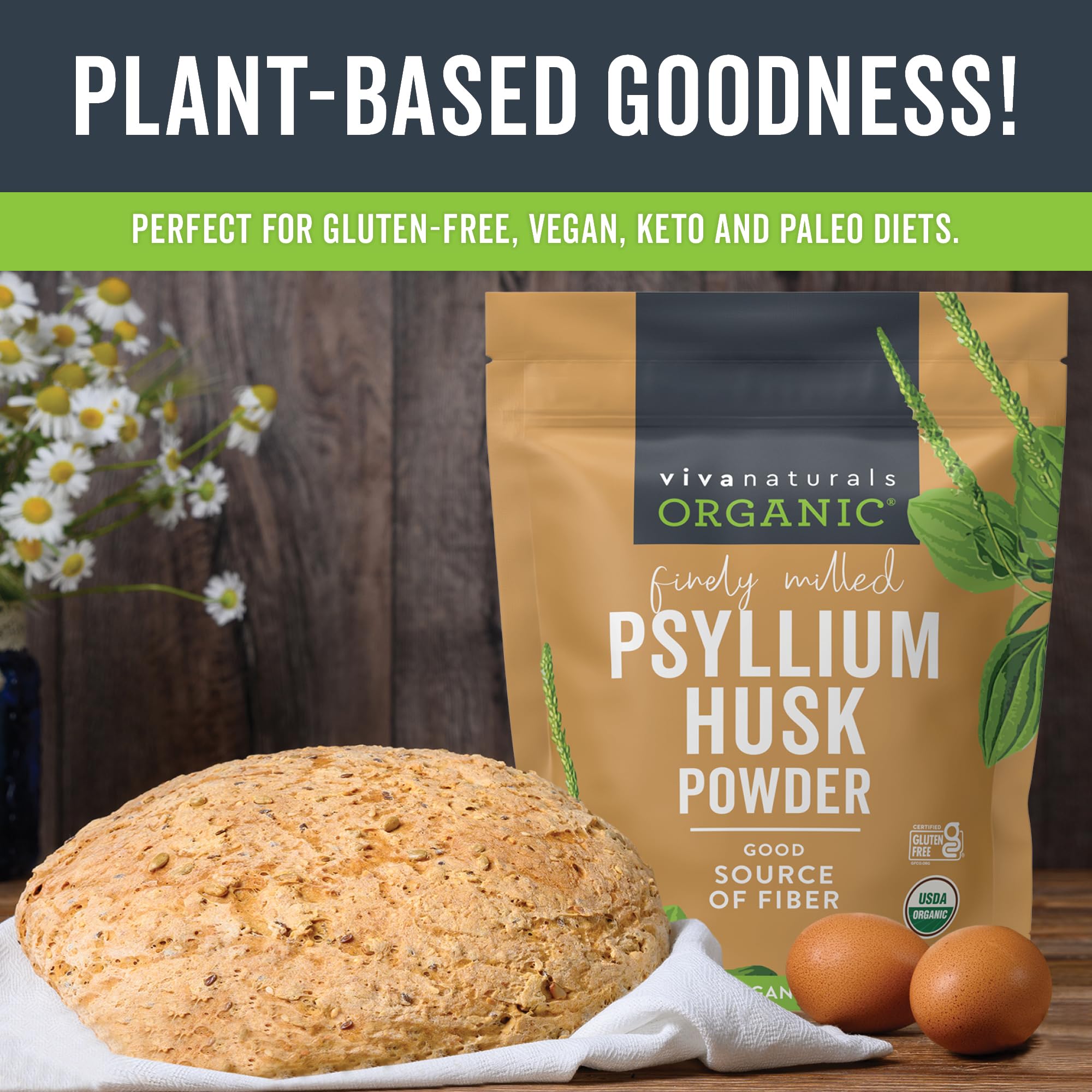 Viva Naturals cucharada de psyllium midiendo dosis diaria rápida