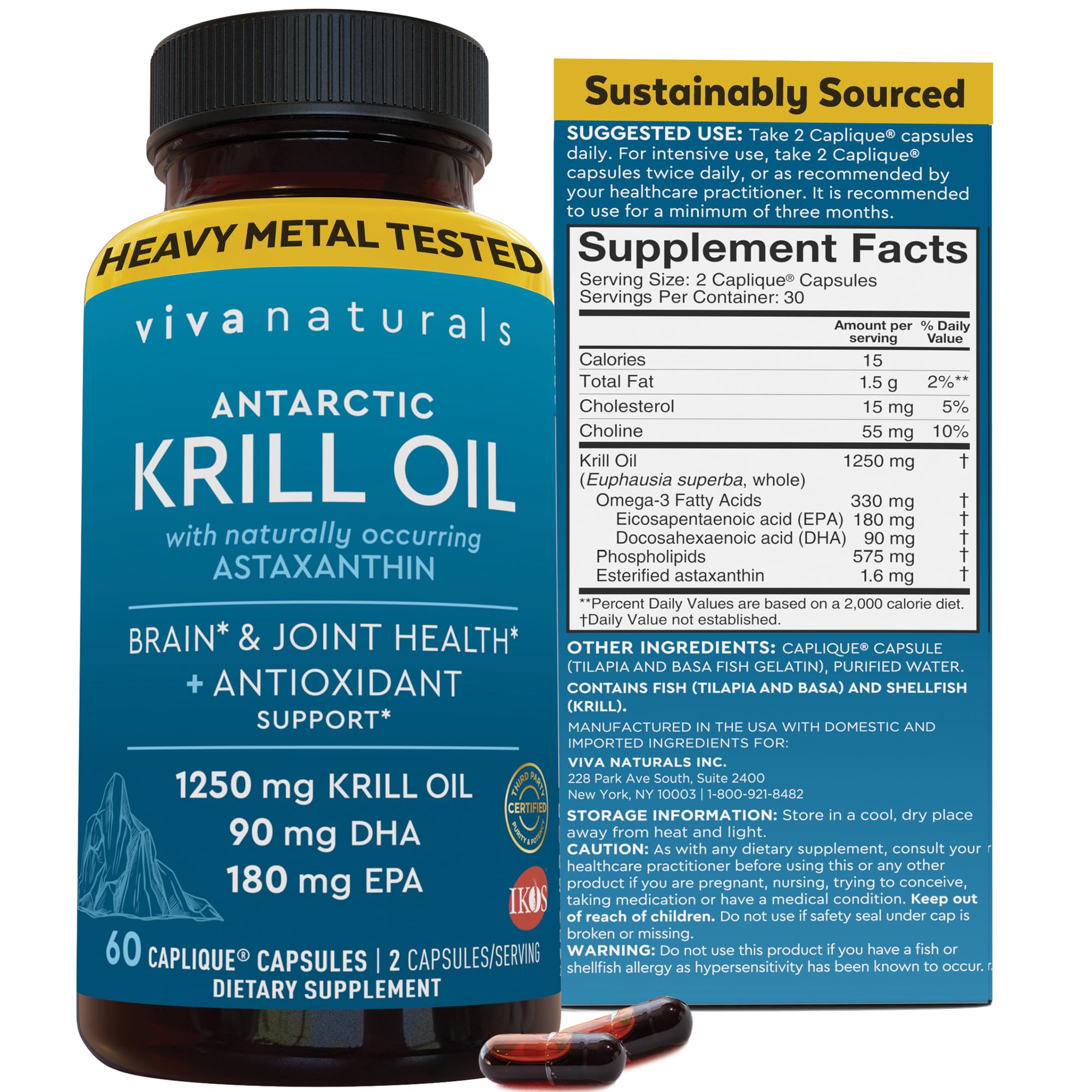 Viva Naturals frasco frontal de krill 1250 mg mostrando etiqueta y cantidad