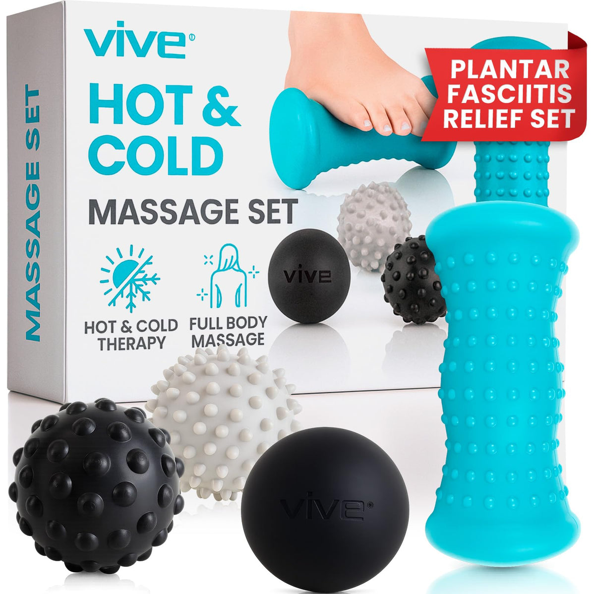 Vive set 4 piezas frontal mostrando rodillo y pelotas, alivia dolor