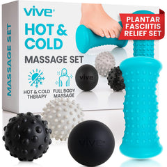 Vive set 4 piezas frontal mostrando rodillo y pelotas, alivia dolor