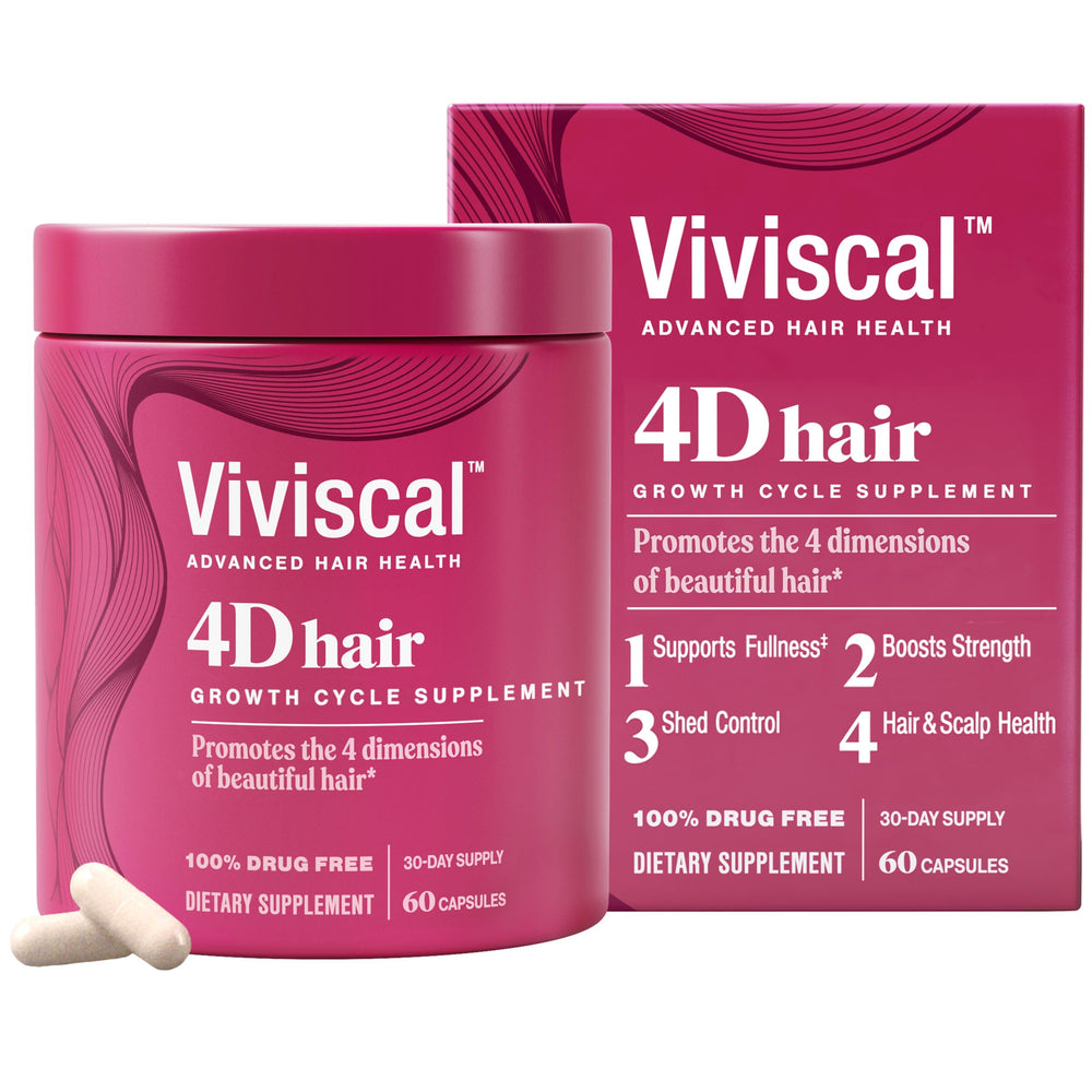 Viviscal frasco frontal mostrando el empaque y beneficio de cabello más lleno