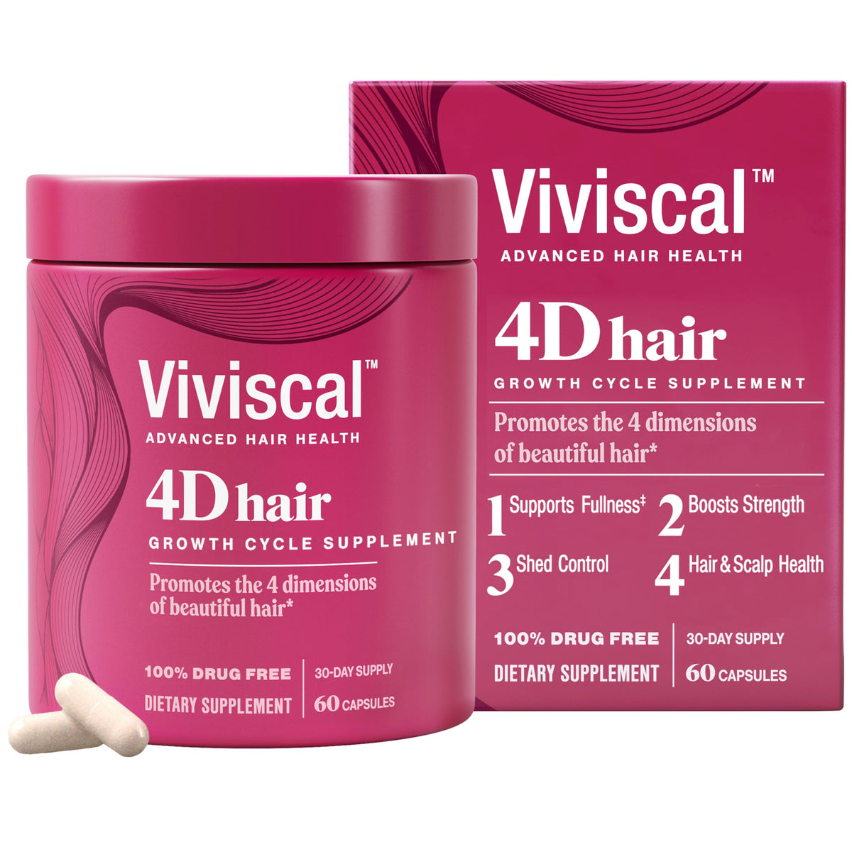Viviscal frasco frontal mostrando el empaque y beneficio de cabello más lleno