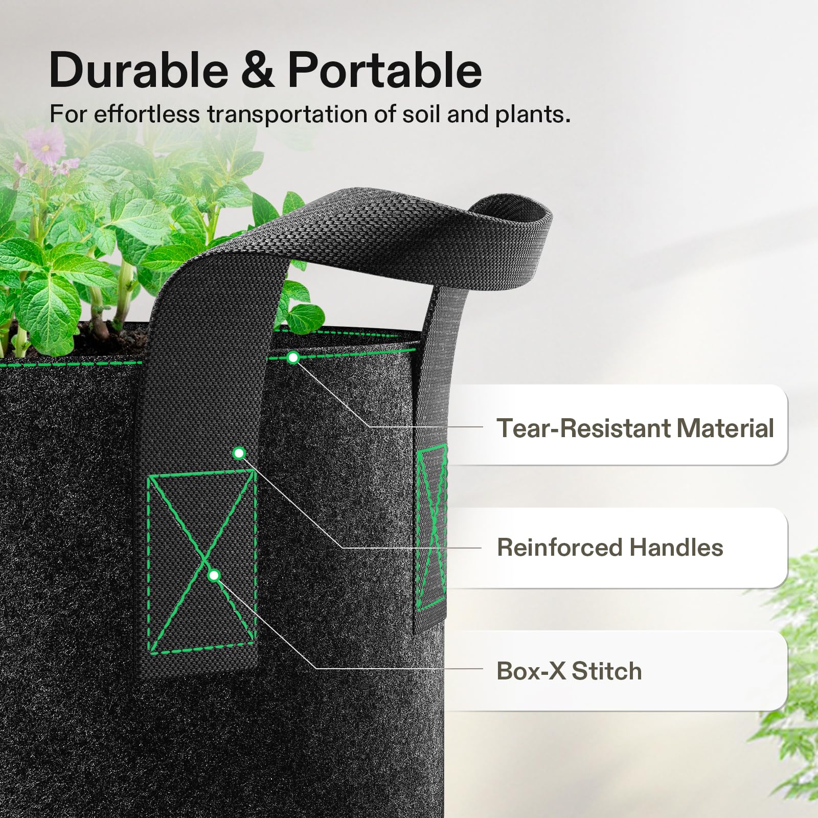 VIVOSUN bolsa en uso sobre un balcón con plantas saludables y fácil manejo