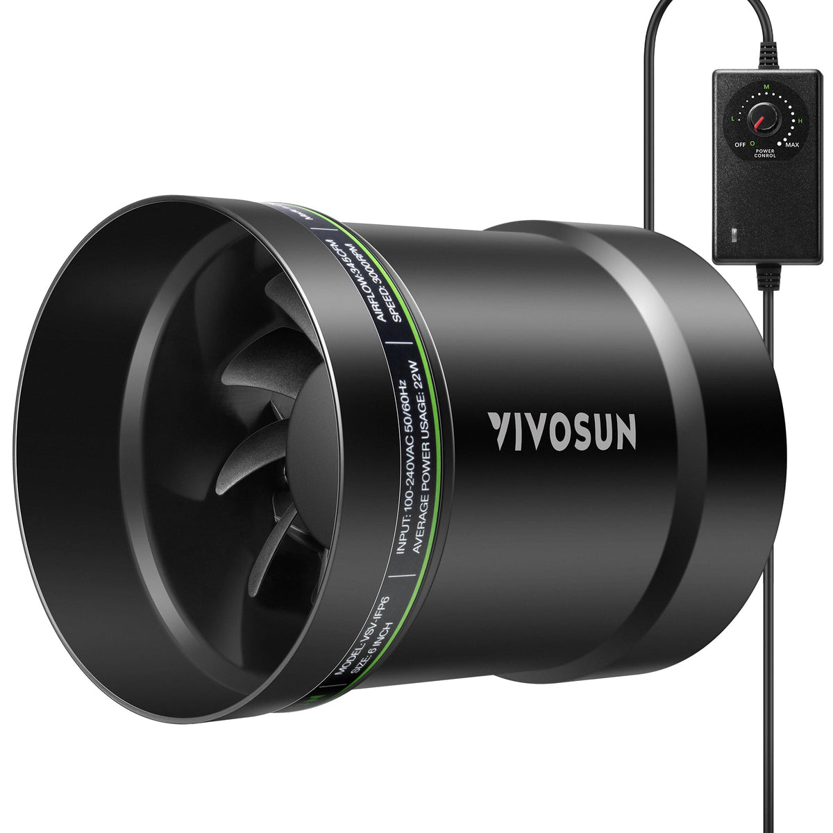 VIVOSUN vista frontal del ventilador inline 6" mostrando diseño compacto y beneficio de extracción potente