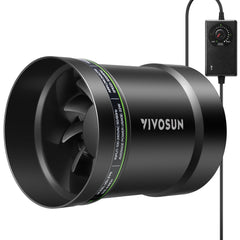 VIVOSUN vista frontal del ventilador inline 6" mostrando diseño compacto y beneficio de extracción potente