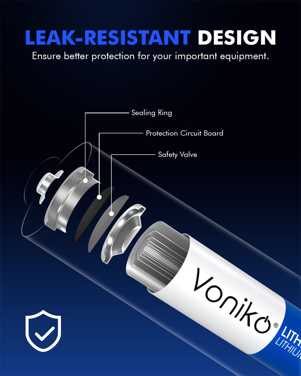 Detalle de la etiqueta Voniko indicando 3000mAh y 1.5V, rendimiento claro