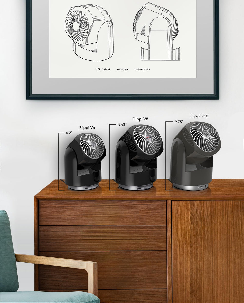 Vornado Flippi V6 comparación de tamaño con mano para escala práctica