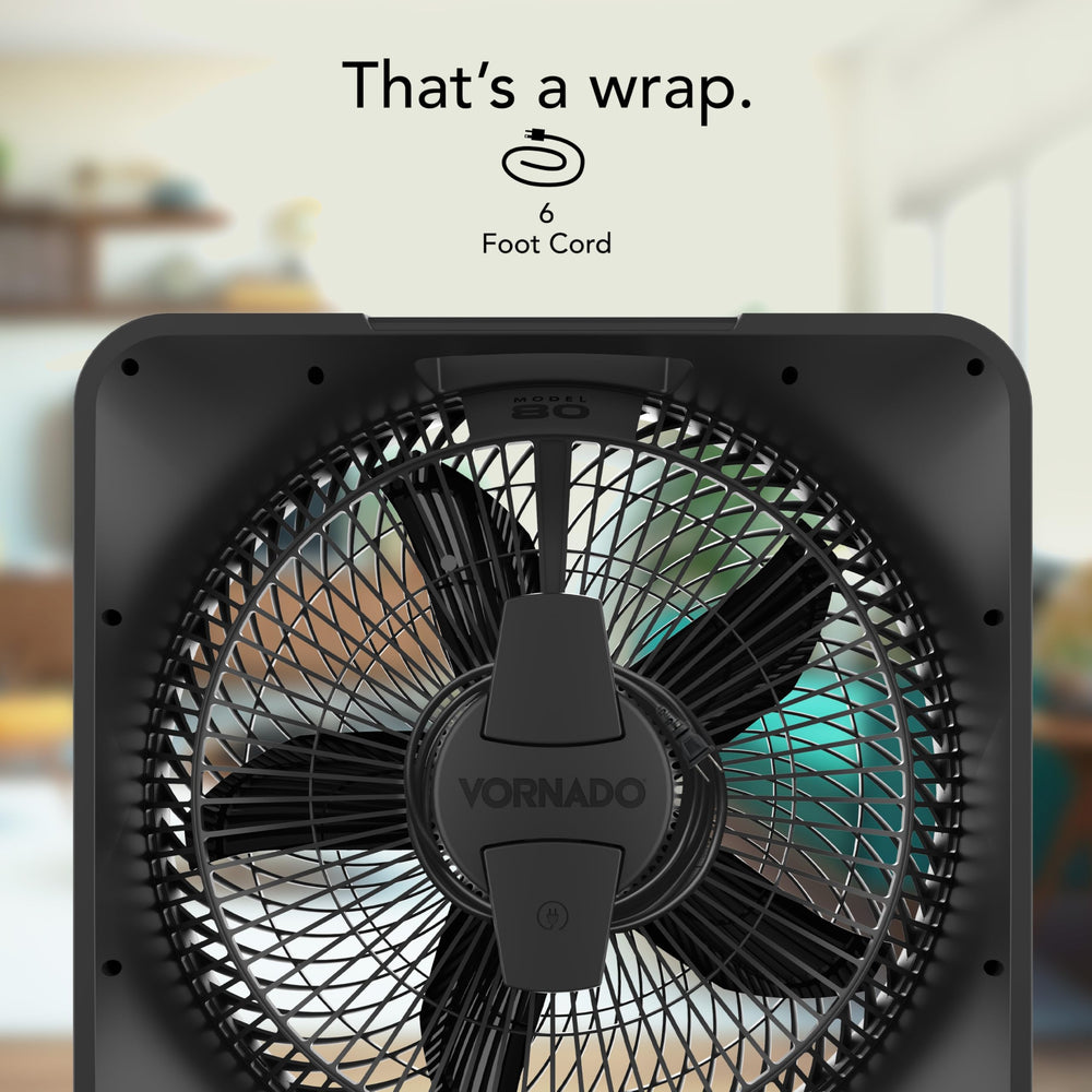 Vornado Model 80 comparación de tamaño frente a silla para escala