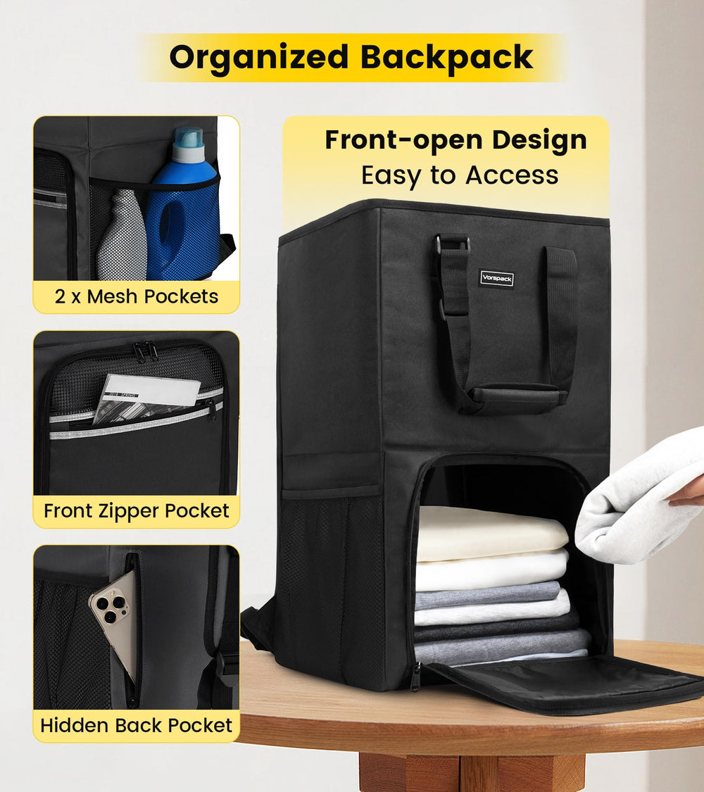 Vorspack persona cargando como mochila, comodidad en transporte pesado