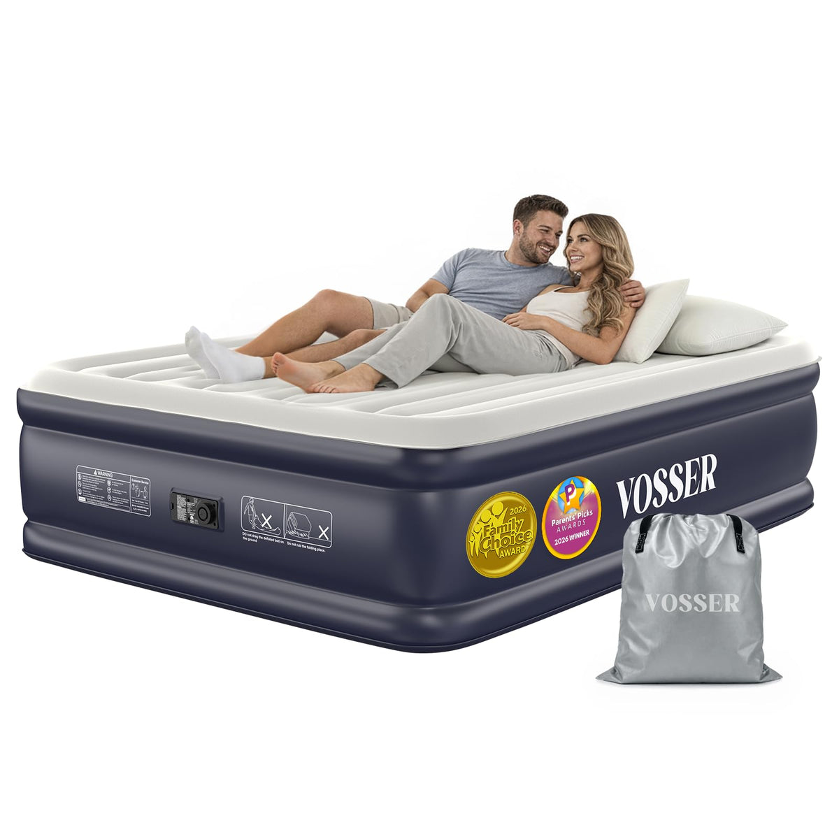 VOSSER colchón inflable frontal mostrando tamaño queen y forma elevada