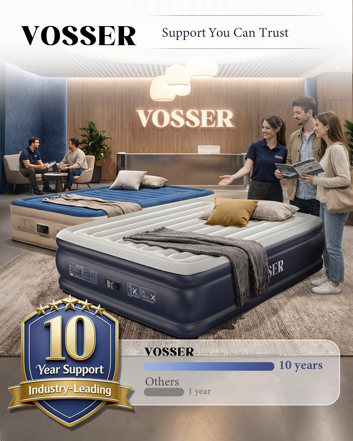 VOSSER etiqueta y costuras reforzadas indicando PVC resistente y mayor durabilidad