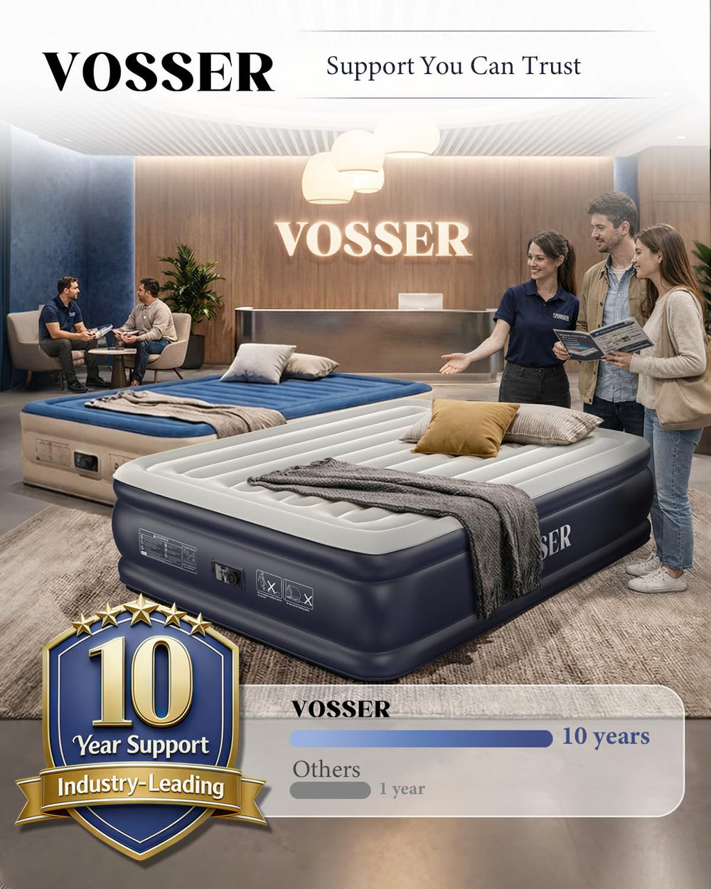 VOSSER etiqueta y costuras reforzadas indicando PVC resistente y mayor durabilidad