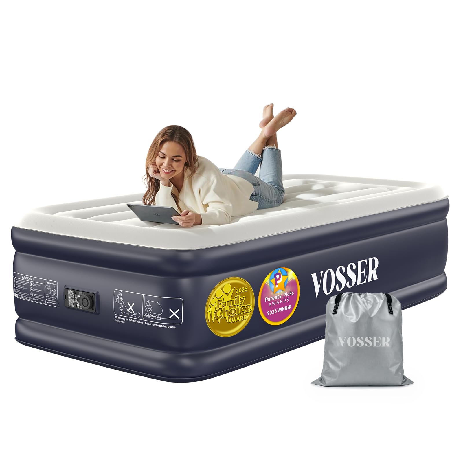 VOSSER vista frontal empaquetado, muestra portátil y lista para usar