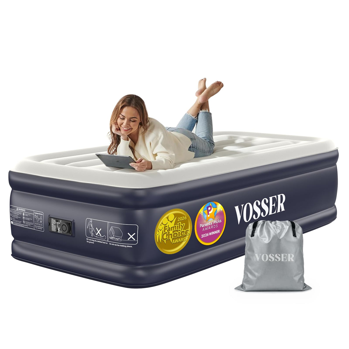 VOSSER vista frontal empaquetado, muestra portátil y lista para usar