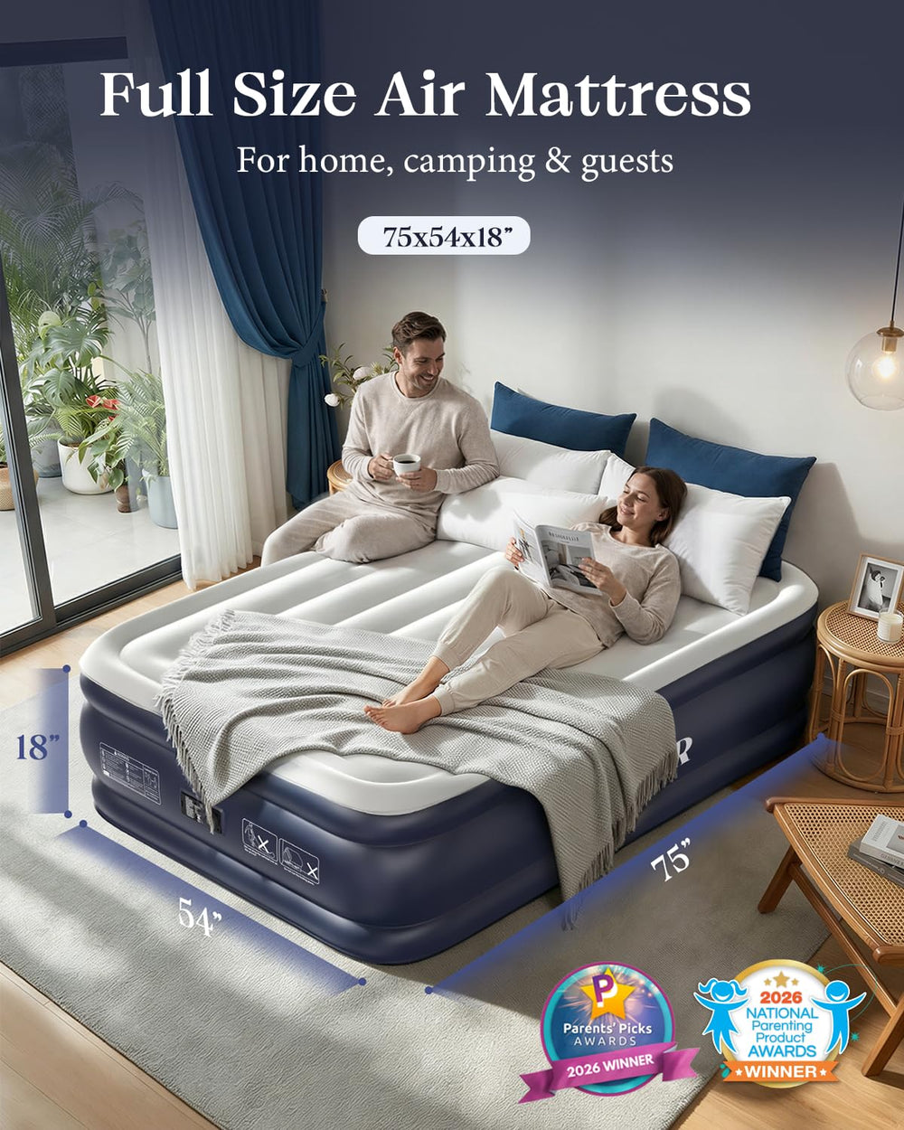 VOSSER comparación de tamaño junto a cama real mostrando proporción full