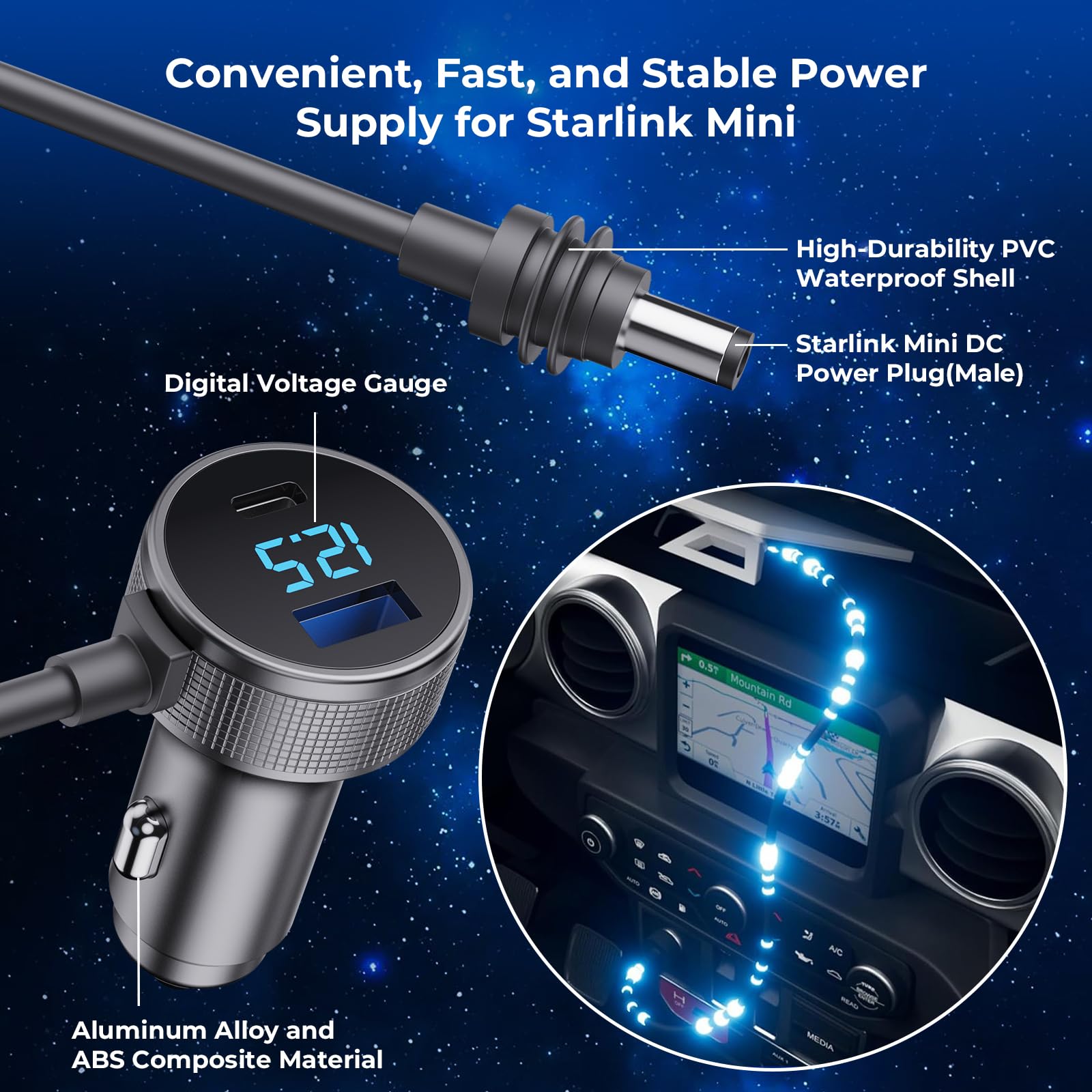 Vostolobo cable conectado en coche alimentando Starlink Mini, conexión estable
