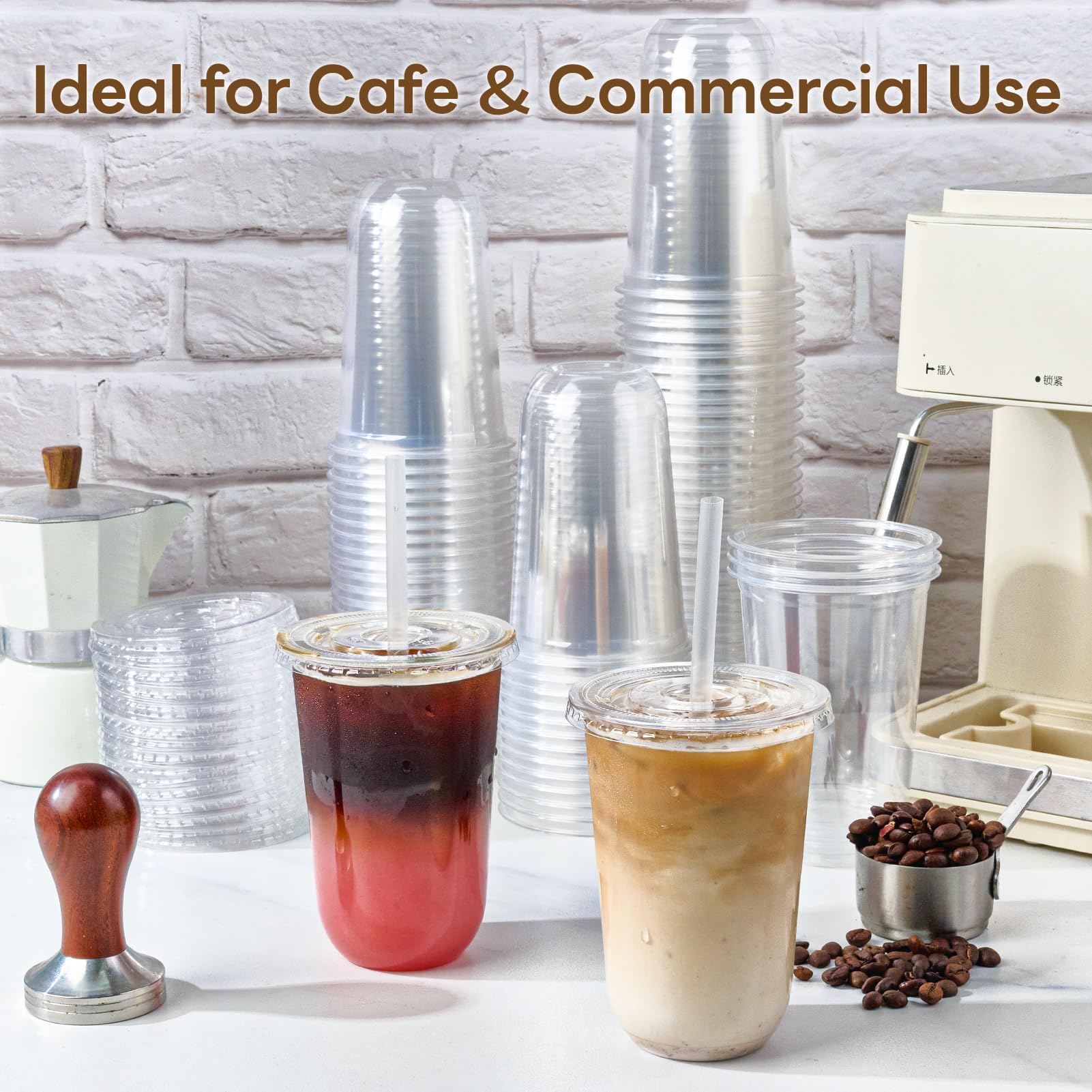 Vplus conjunto apilado de vasos, tapas y pajillas listo para almacenamiento y servicio