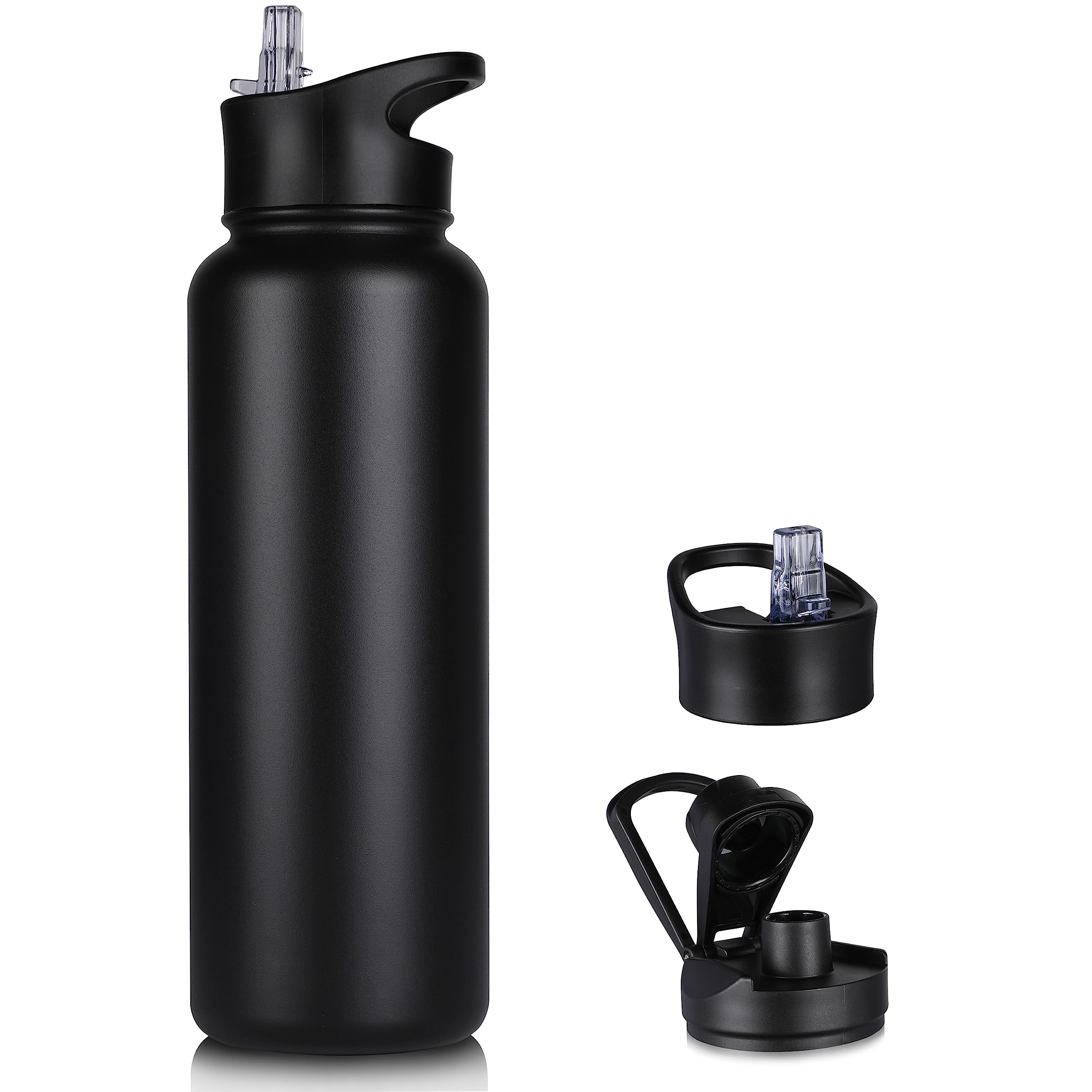 VQRRCKI vista frontal de la botella negra mostrando capacidad 40 oz y diseño resistente
