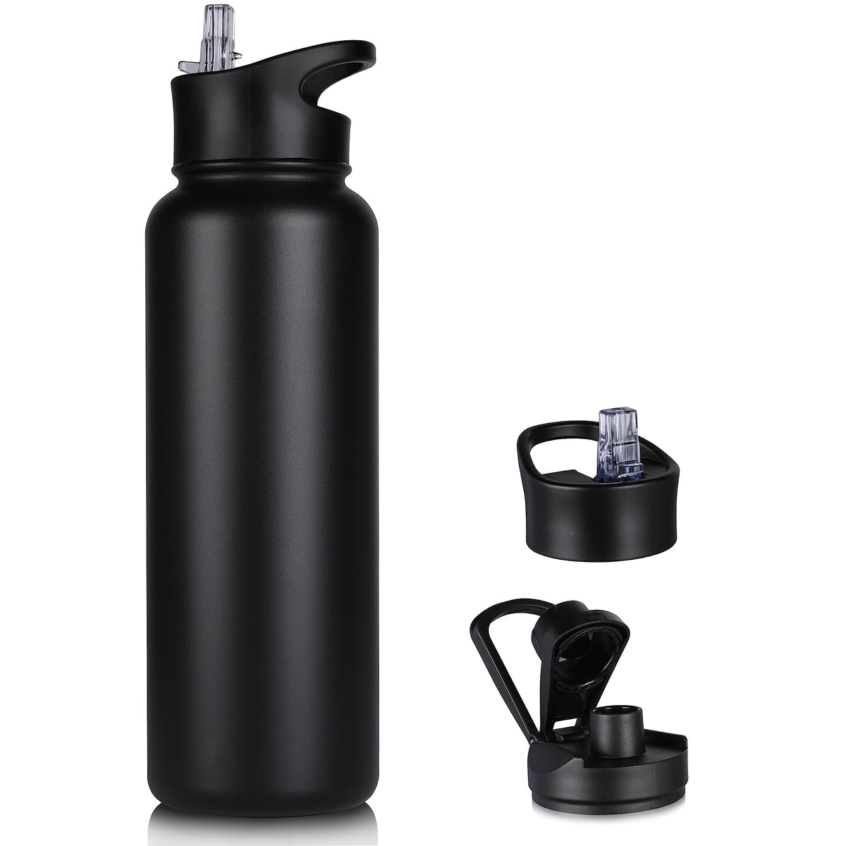 VQRRCKI vista frontal de la botella negra mostrando capacidad 40 oz y diseño resistente