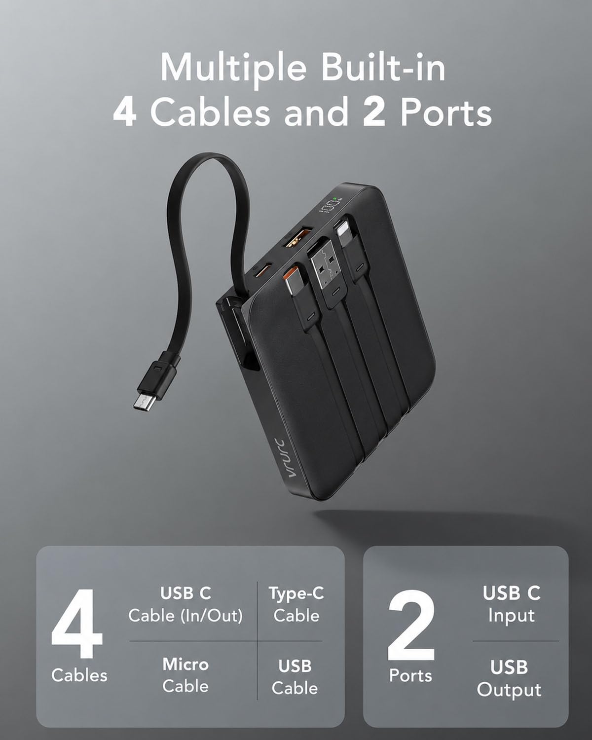 VRURC cables integrados mostrando conectores Lightning y USB-C para conveniencia