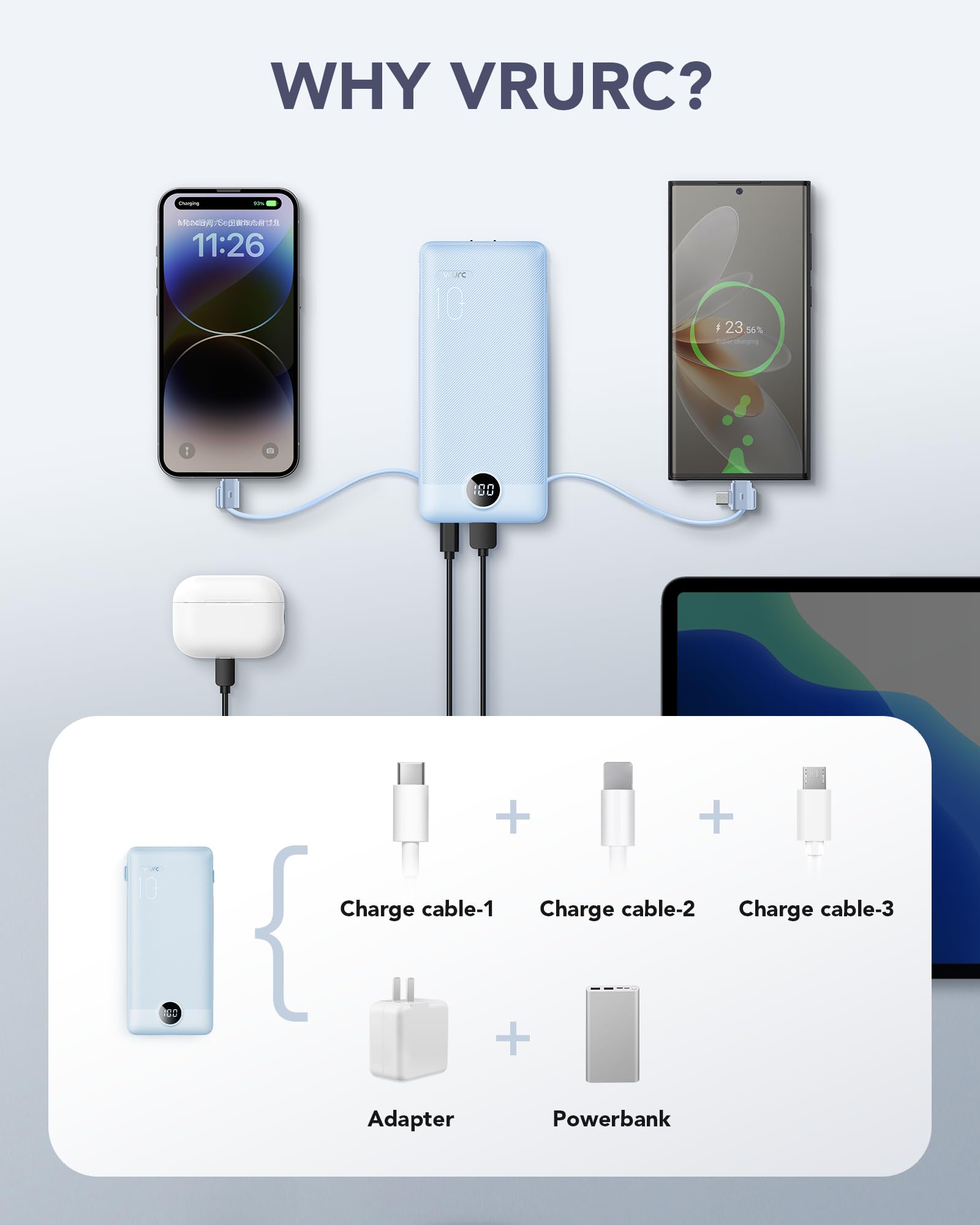 VRURC cables integrados USB-C Micro USB y estándar, carga sin accesorios