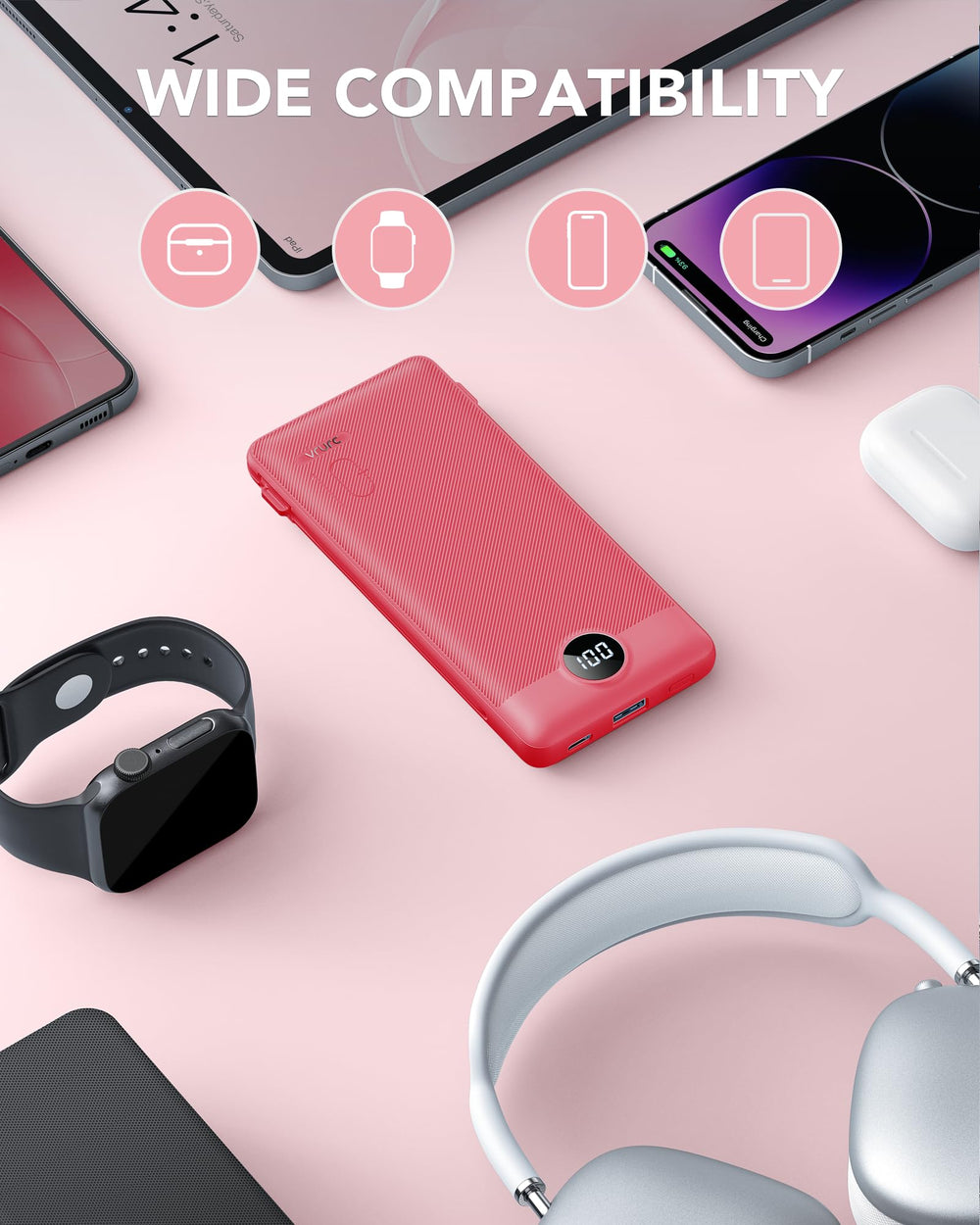 VRURC power bank cargando un smartphone demostrando uso práctico diario