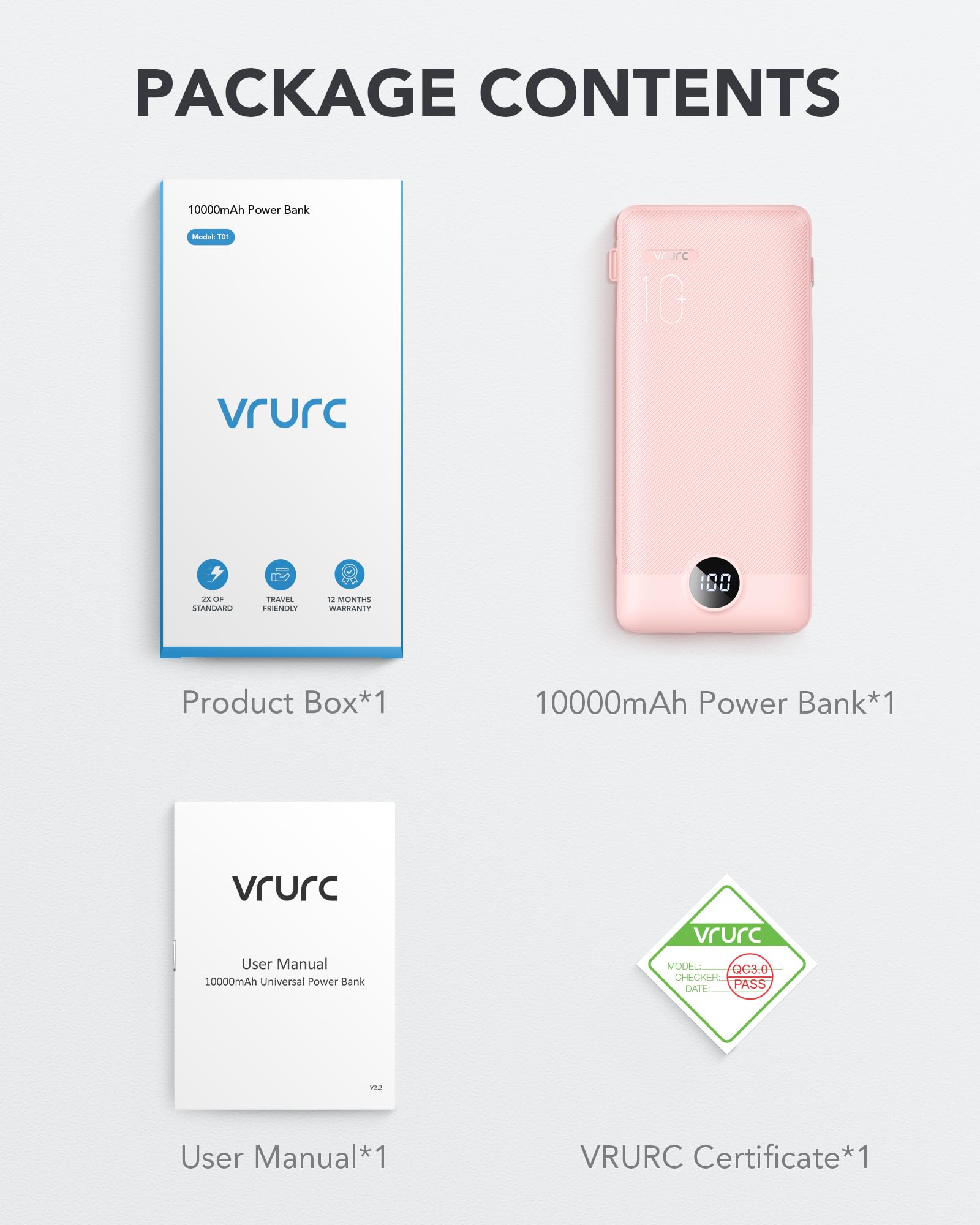VRURC contenido del paquete con power bank y manual de usuario