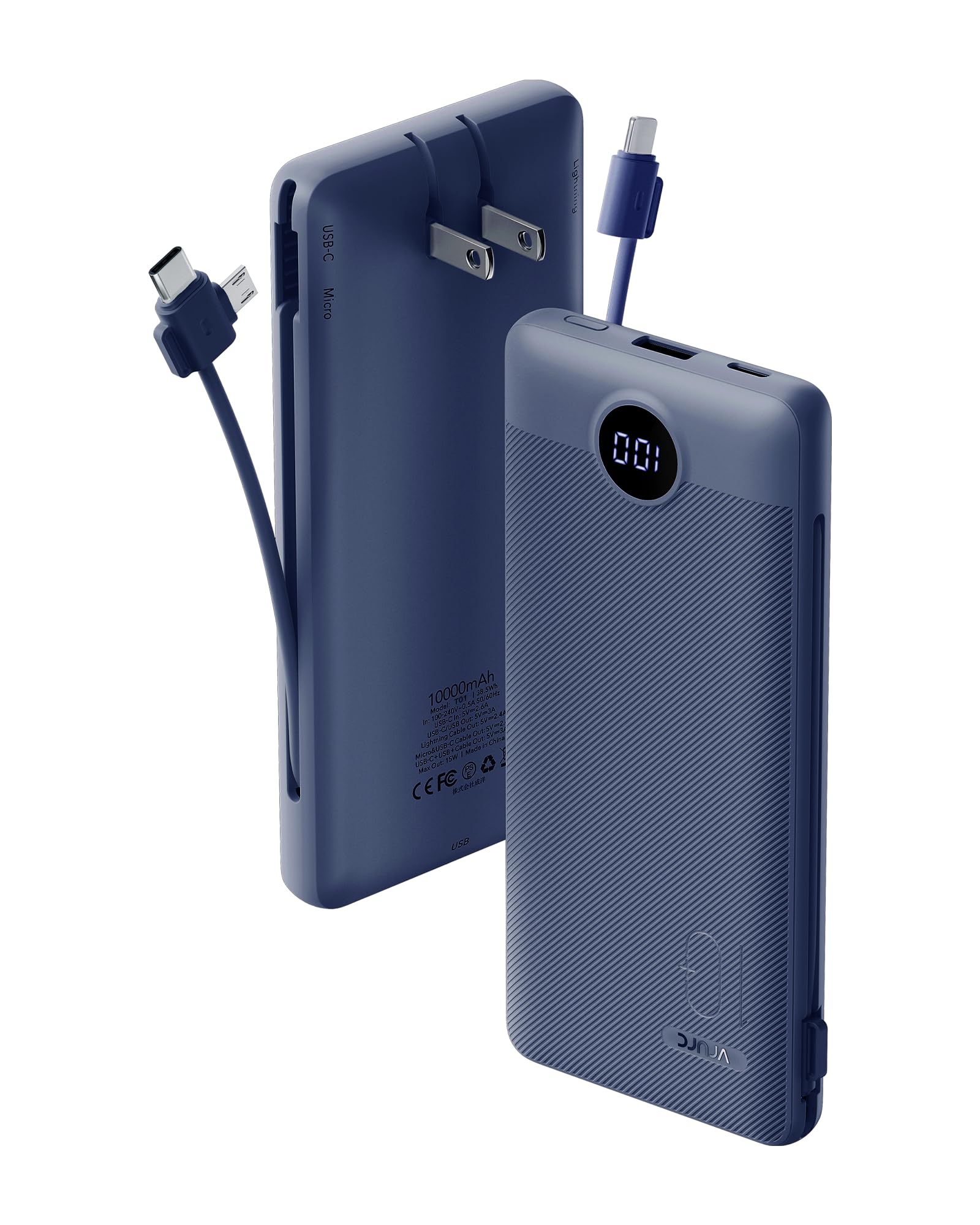 VRURC vista frontal del power bank azul marino con diseño compacto y elegante