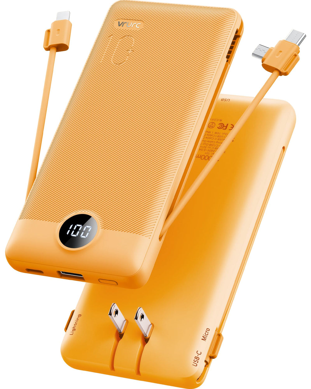 VRURC vista frontal del power bank mostrando puerto y diseño, práctico para viajes