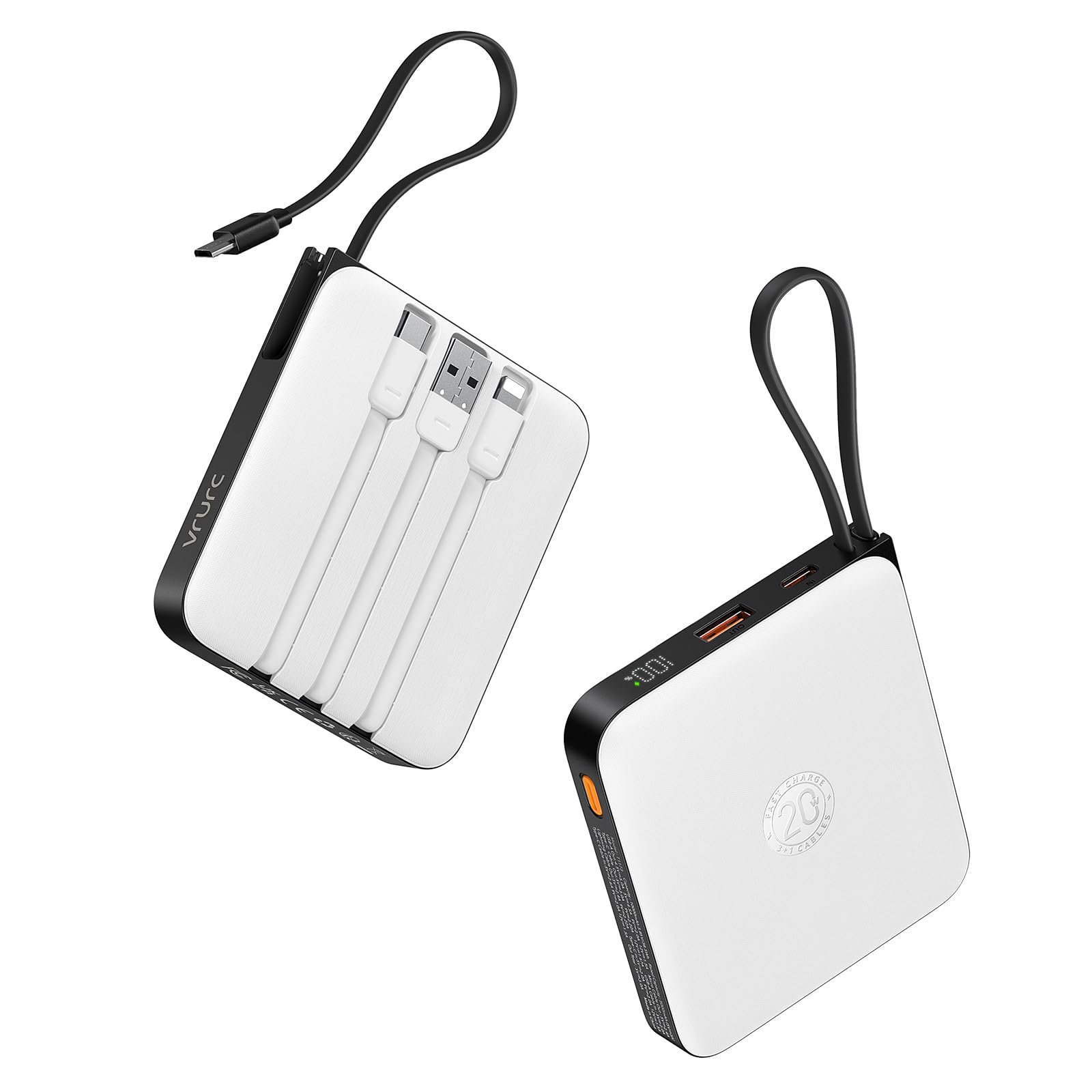 VRURC vista frontal del power bank mostrando diseño compacto y puertos