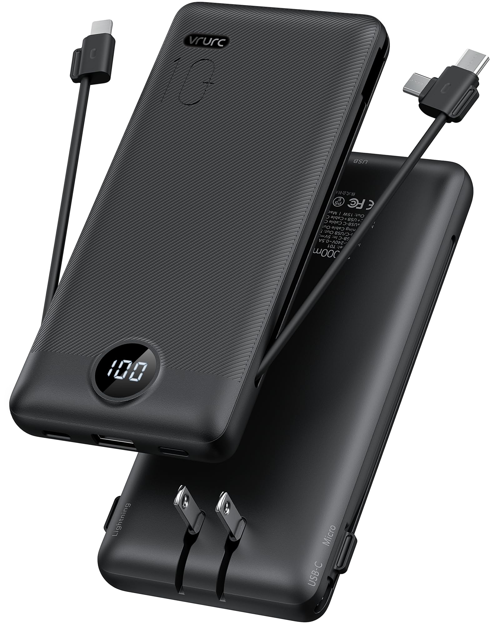 VRURC vista frontal del power bank mostrando puertos y cables integrados, ideal para viajes
