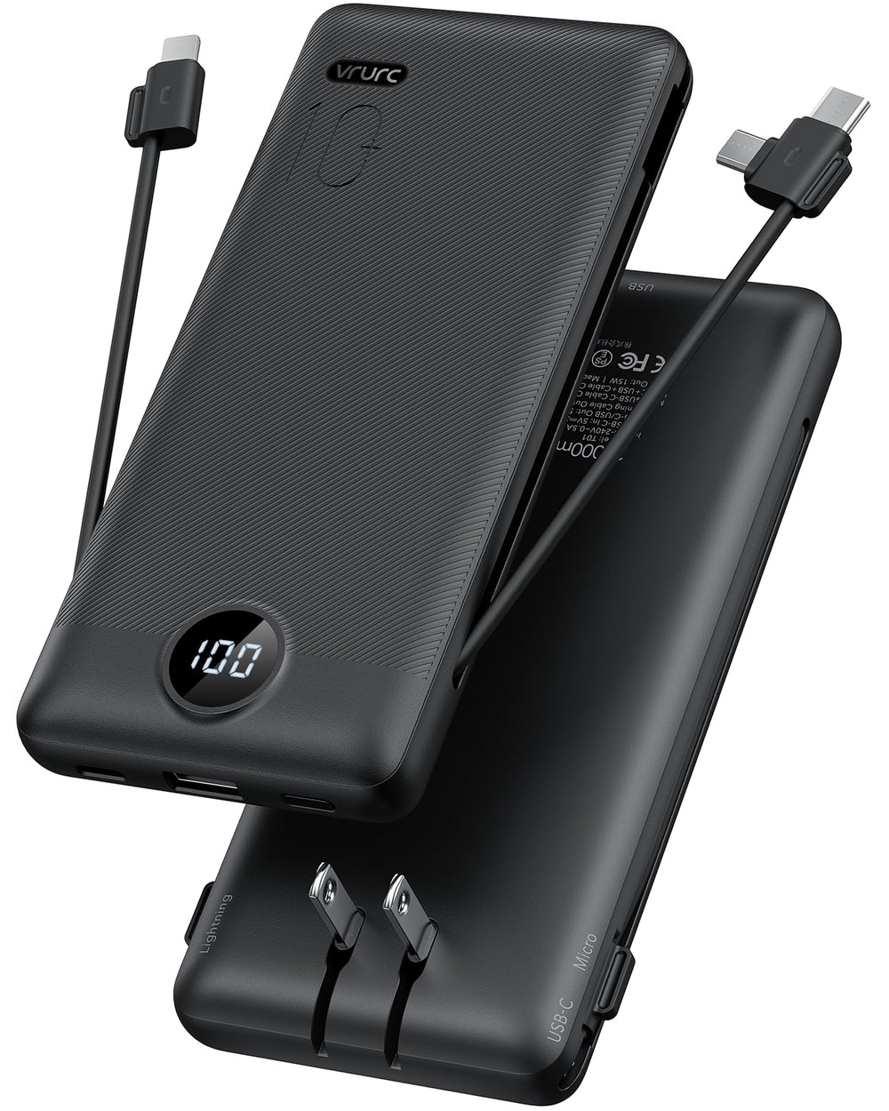 VRURC vista frontal del power bank mostrando puertos y cables integrados, ideal para viajes