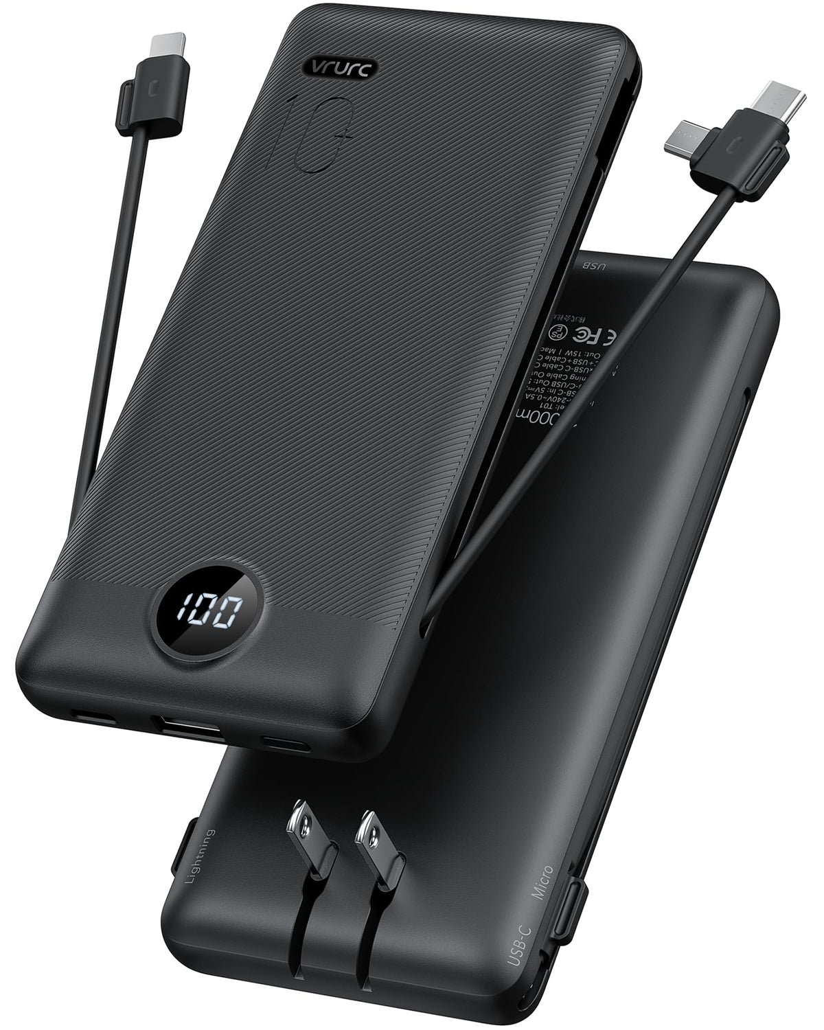 VRURC vista frontal del power bank mostrando puertos y cables integrados, ideal para viajes