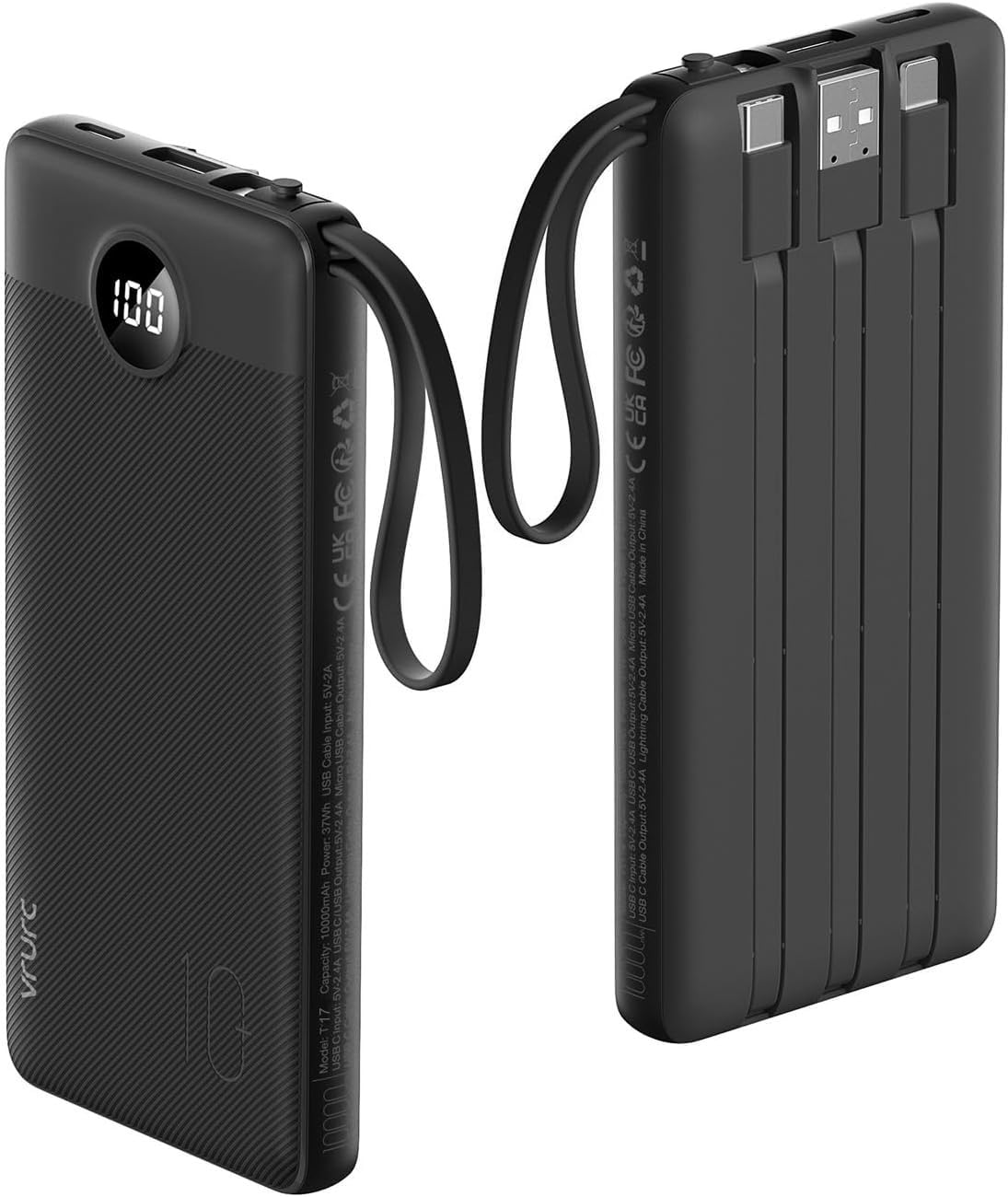 VRURC frontal del power bank mostrando diseño y tamaño compacto para movilidad