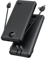 VRURC vista frontal del power bank mostrando puertos y cables integrados, ideal para viajes