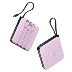 VRURC power bank frontal morado mostrando diseño compacto y botón de encendido