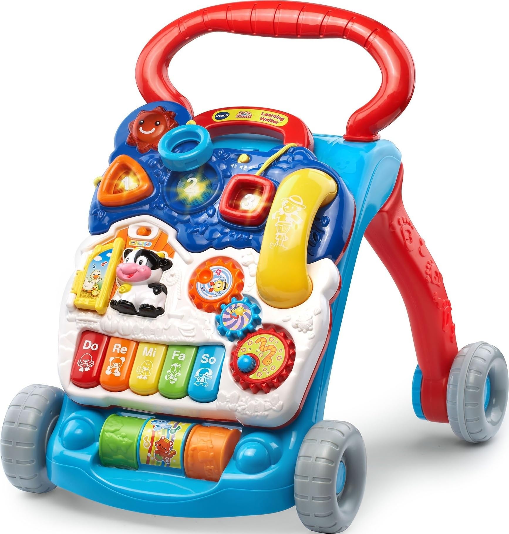 VTech andador azul frontal mostrando actividades y diseño estable