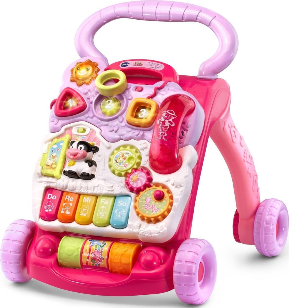 VTech andador vista frontal mostrando panel rosa y estabilidad para aprender a caminar