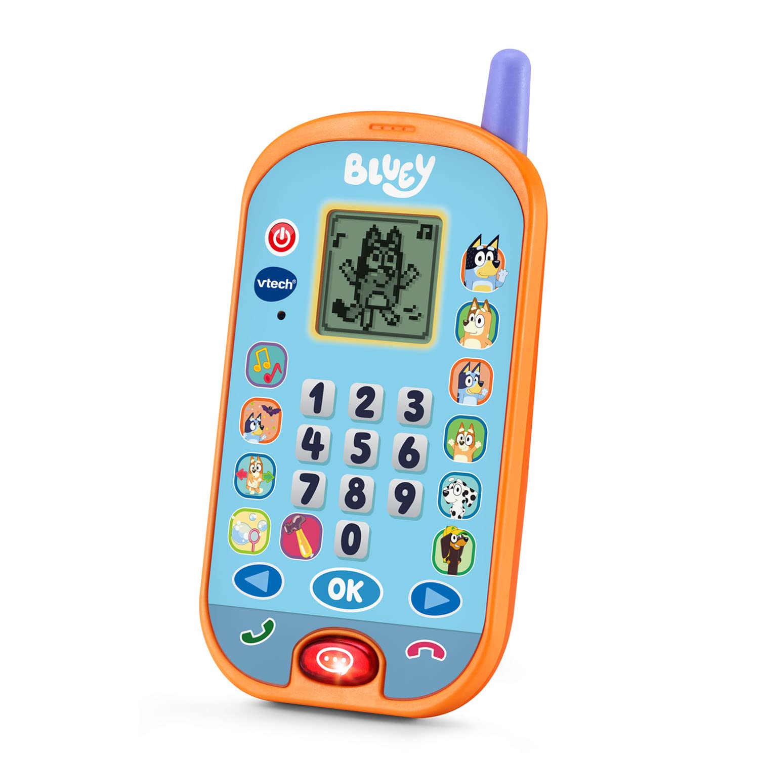 VTech Bluey teléfono en uso con niña sonriendo que fomenta imaginación y lenguaje