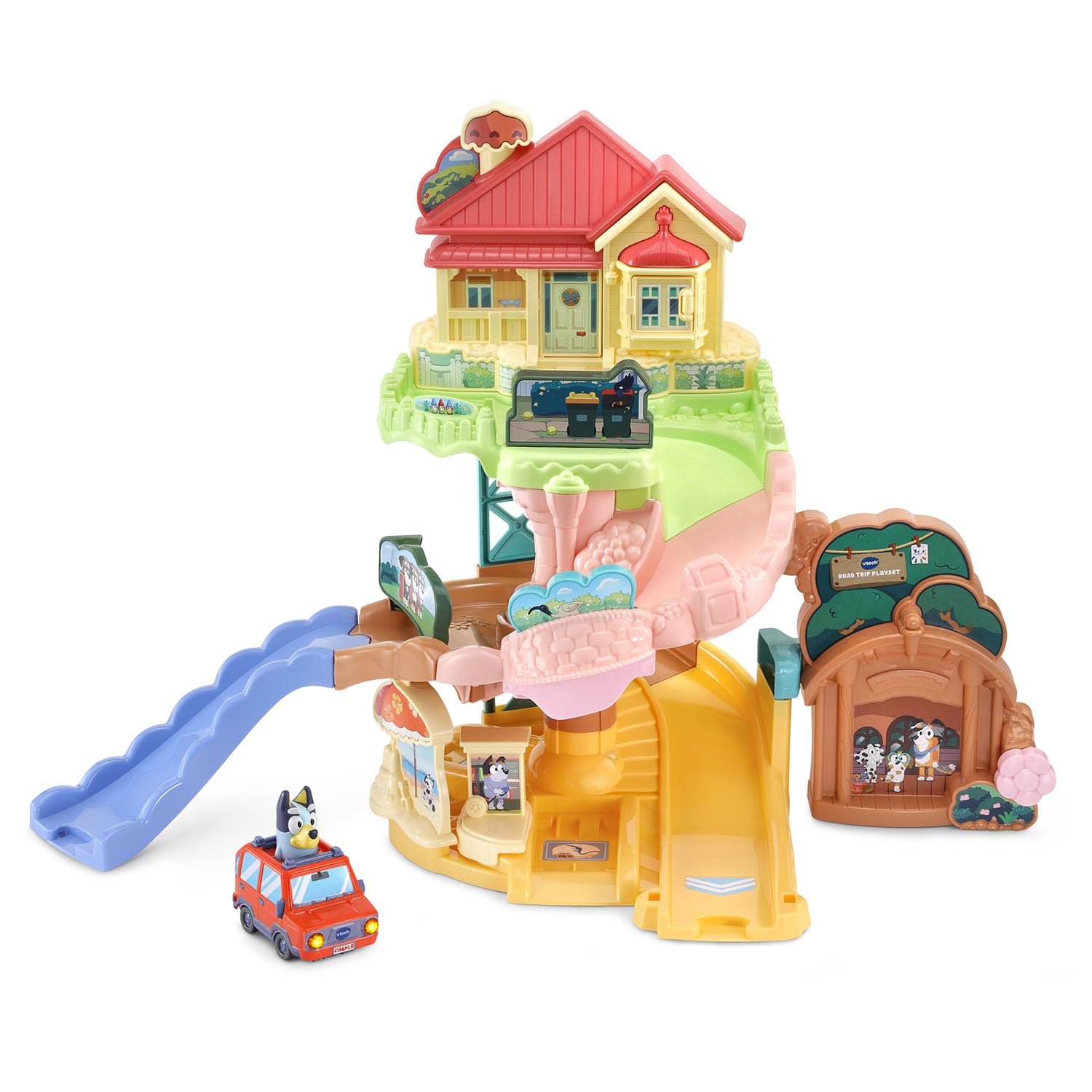VTech Bluey vista frontal del set completo con rutas y accesorios interactivos