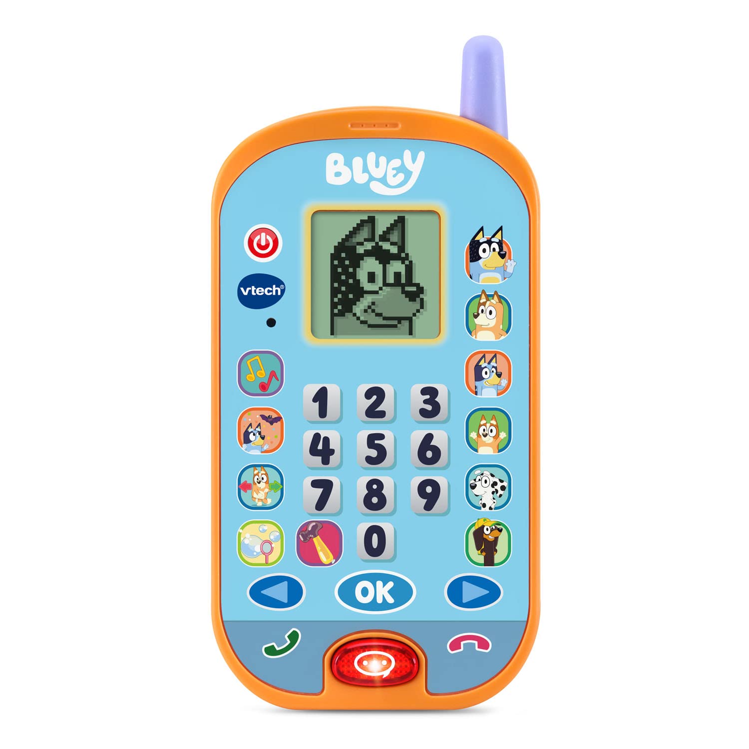 VTech Bluey frontal del teléfono mostrando pantalla y botones para juego interactivo