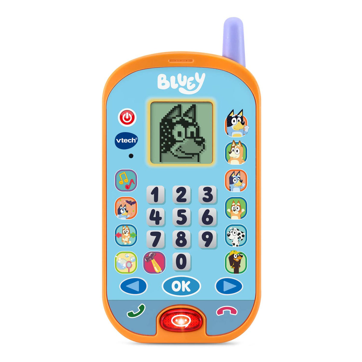 VTech Bluey frontal del teléfono mostrando pantalla y botones para juego interactivo