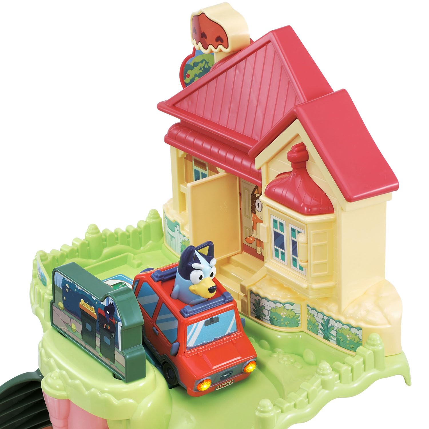 VTech Bluey rampa en espiral en primer plano fomentando giros emocionantes