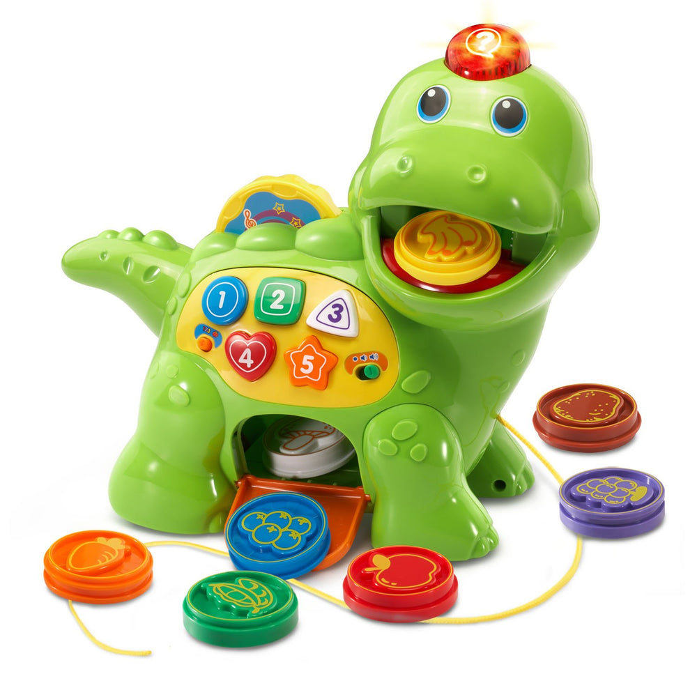 VTech dinosaurio frontal mostrando colores y botones educativo
