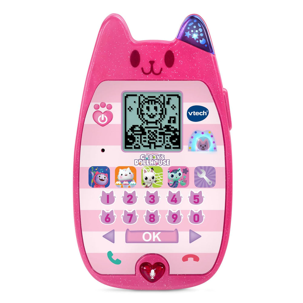 VTech teléfono Gabby's Dollhouse vista frontal con diseño en forma de gato y botones grandes