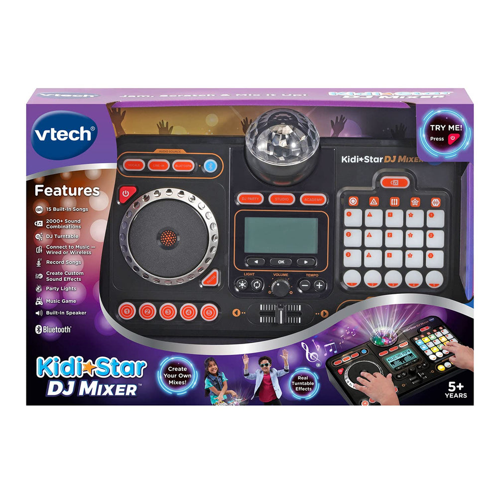 VTech Kidi Star DJ Mixer shown with a child’s hand to show compact size