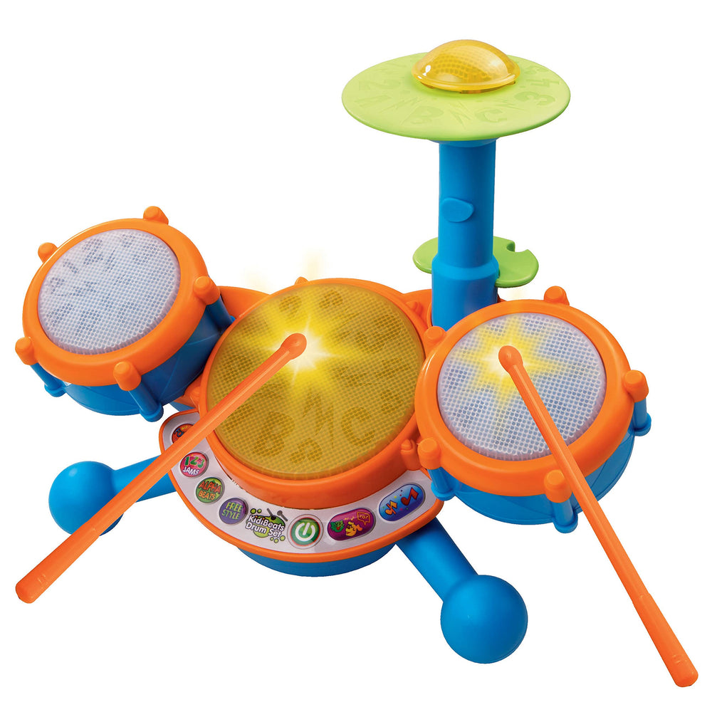 VTech KidiBeats vista frontal con luces y baquetas, diversión musical segura